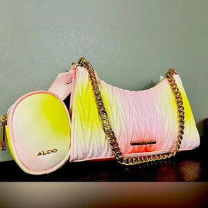 Aldo Pink & Yellow Smocked Shoulder Crossbody Bag w Coin Pouch Vegan Leather NWT